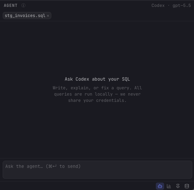 The Arris Agent pane in the right sidebar with the AGENT header, a Codex · gpt-5.5 badge, a stg_invoices.sql context chip, the empty state 'Ask Codex about your SQL', and the 'Ask the agent…' input at the bottom