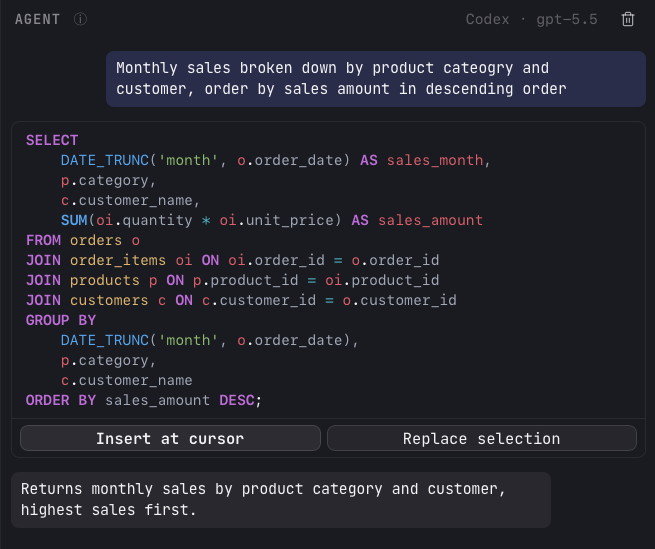 A Codex Agent reply: the user message 'Monthly sales broken down by product category and customer, order by sales amount in descending order', a syntax-highlighted SELECT query with Insert at cursor and Replace selection buttons, and a closing note 'Returns monthly sales by product category and customer, highest sales first.'