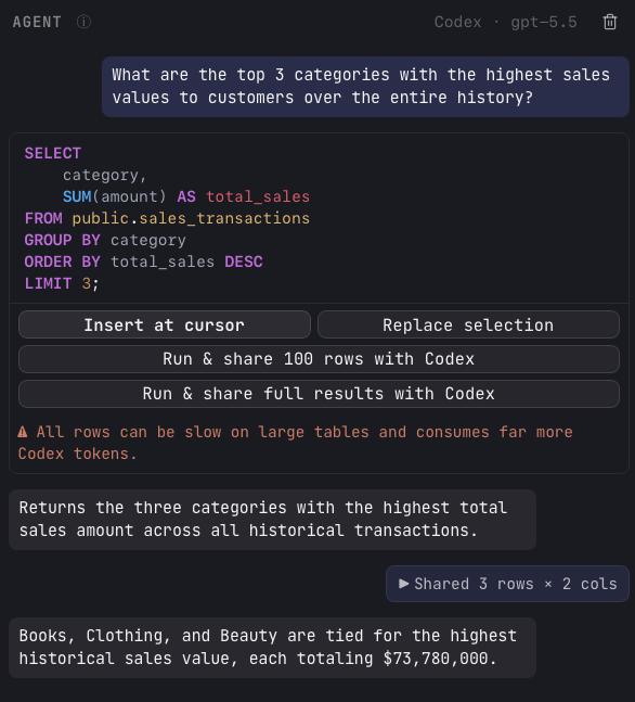 A Codex Agent turn with a SQL block, the Run & share 100 rows and Run & share full results buttons with the token warning, a collapsed 'Shared 3 rows × 2 cols' card, and the agent's final answer naming the top categories